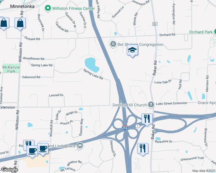 map of restaurants, bars, coffee shops, grocery stores, and more near 13635 Spring Lake Road in Minnetonka