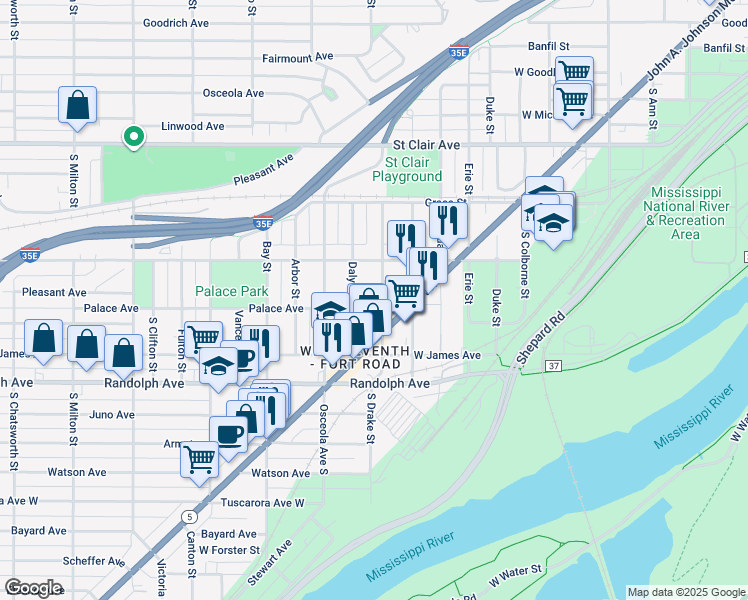 map of restaurants, bars, coffee shops, grocery stores, and more near 397 Toronto Street in Saint Paul