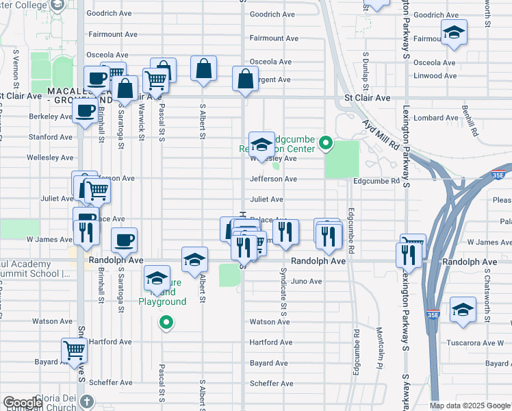 map of restaurants, bars, coffee shops, grocery stores, and more near 1320 Juliet Avenue in Saint Paul