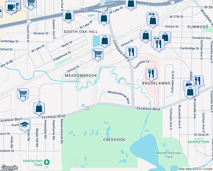 map of restaurants, bars, coffee shops, grocery stores, and more near 4117 Meadowbrook Lane in St. Louis Park