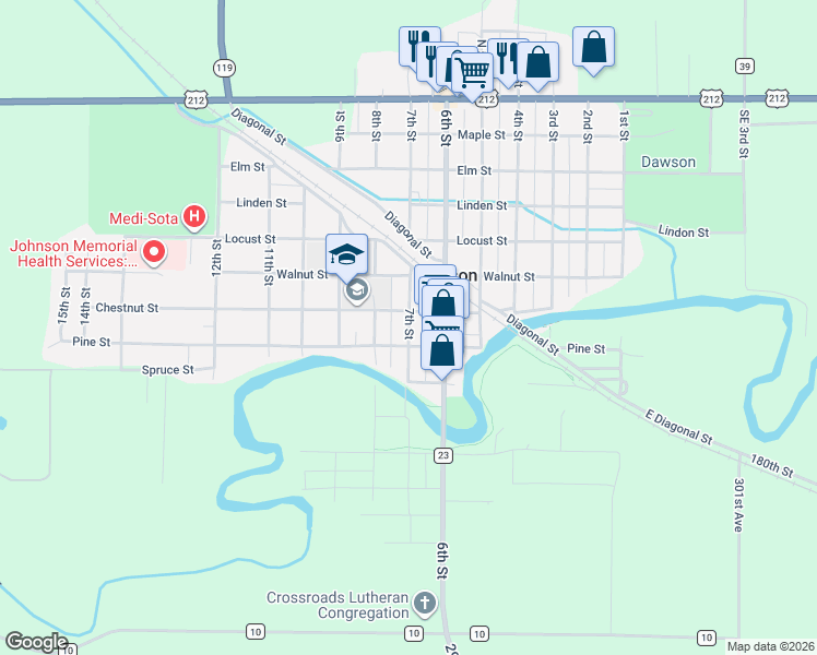 map of restaurants, bars, coffee shops, grocery stores, and more near 7th Street in Dawson