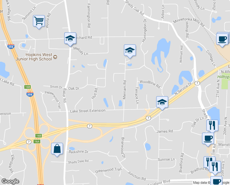 map of restaurants, bars, coffee shops, grocery stores, and more near 4109 Windridge Circle in Hopkins