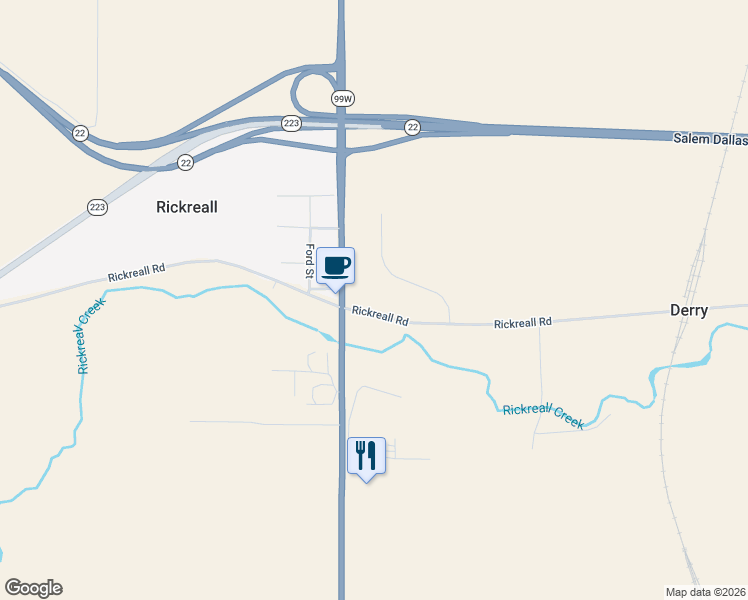 map of restaurants, bars, coffee shops, grocery stores, and more near 9585 Rickreall Road in Rickreall