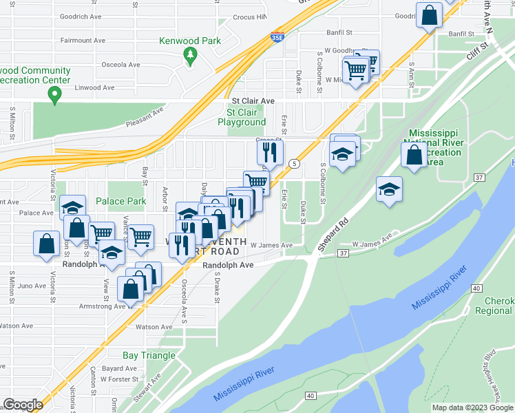 map of restaurants, bars, coffee shops, grocery stores, and more near 882 7th Street West in Saint Paul