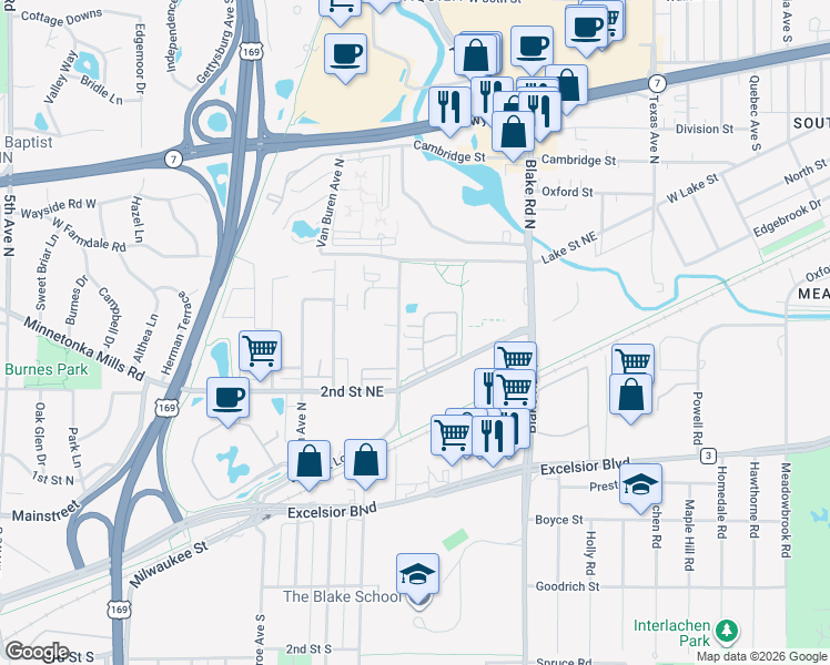 map of restaurants, bars, coffee shops, grocery stores, and more near 808 Kassie Court in Hopkins