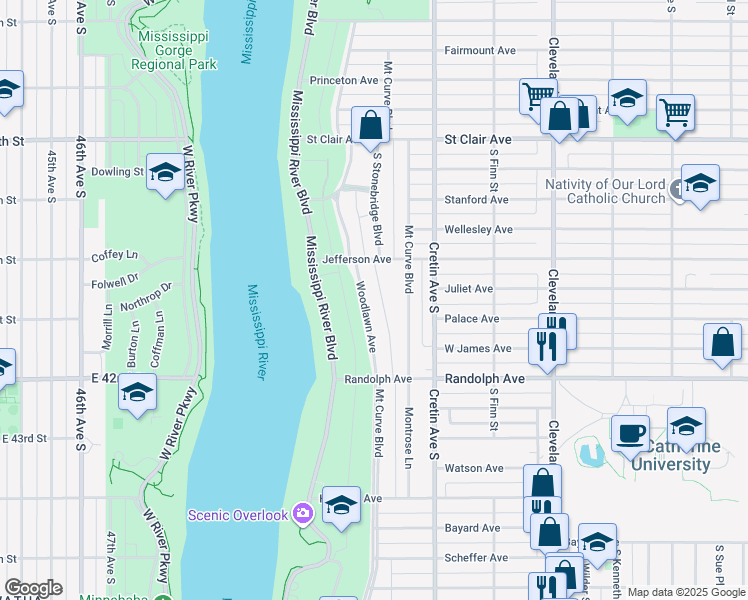 map of restaurants, bars, coffee shops, grocery stores, and more near 404 Woodlawn Avenue in Saint Paul