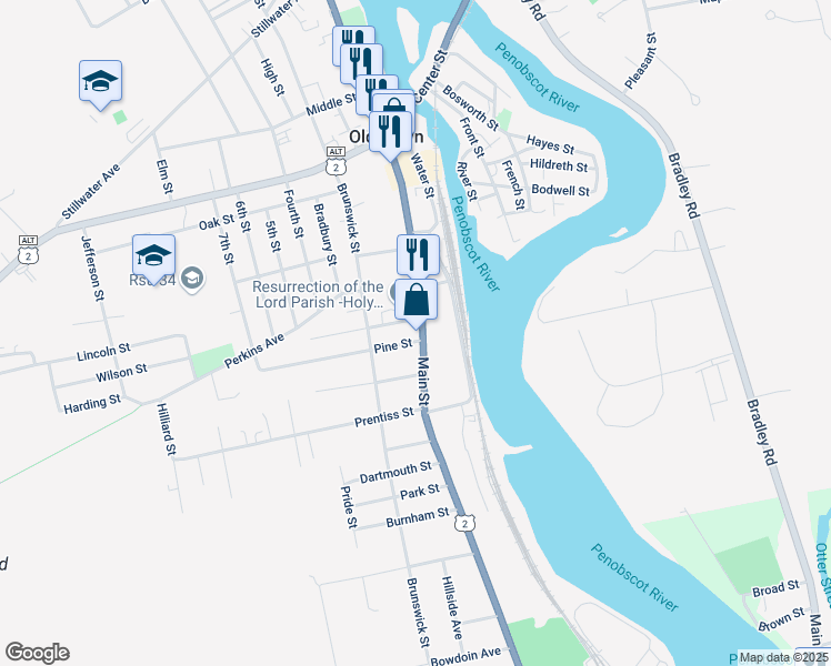 map of restaurants, bars, coffee shops, grocery stores, and more near 445 Main Street in Old Town