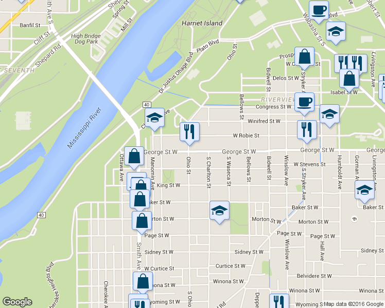 map of restaurants, bars, coffee shops, grocery stores, and more near 542 Ohio Street in Saint Paul