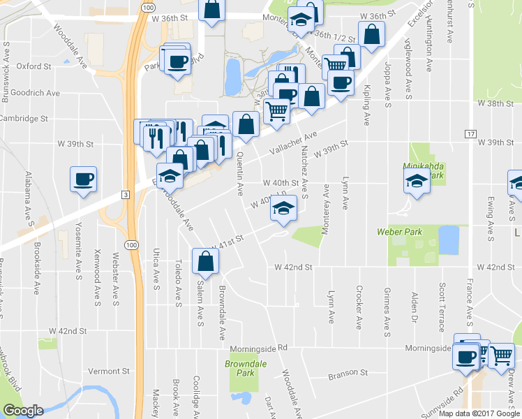 map of restaurants, bars, coffee shops, grocery stores, and more near 4835 West 40th Lane in Minneapolis