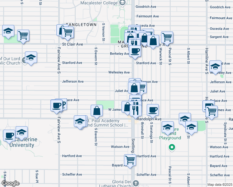 map of restaurants, bars, coffee shops, grocery stores, and more near 396 South Macalester Street in Saint Paul