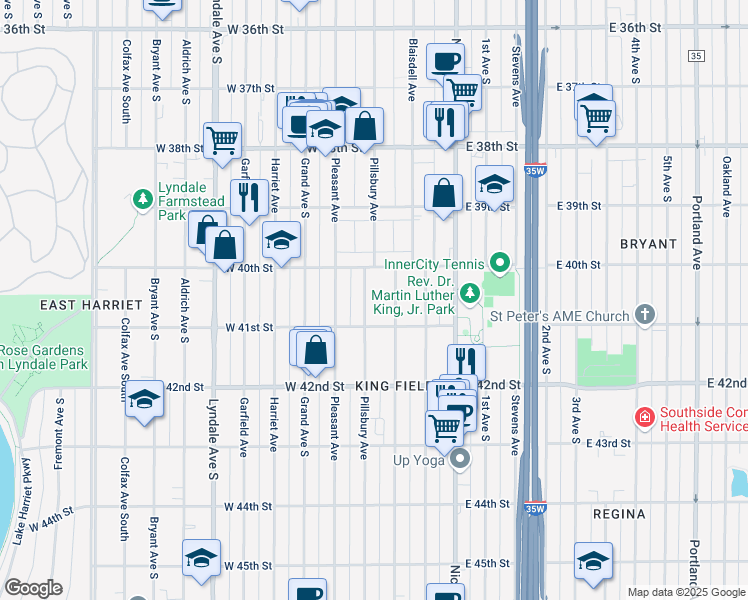 map of restaurants, bars, coffee shops, grocery stores, and more near 4030 Pillsbury Avenue in Minneapolis