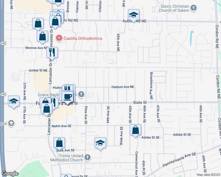 map of restaurants, bars, coffee shops, grocery stores, and more near 196 44th Avenue Northeast in Salem