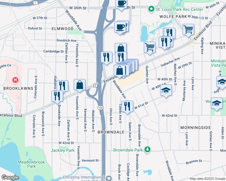 map of restaurants, bars, coffee shops, grocery stores, and more near 4017 Utica Avenue South in Minneapolis