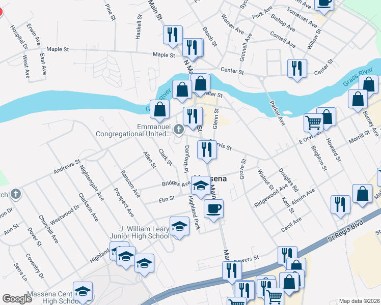 map of restaurants, bars, coffee shops, grocery stores, and more near 17 Danforth Place in Massena