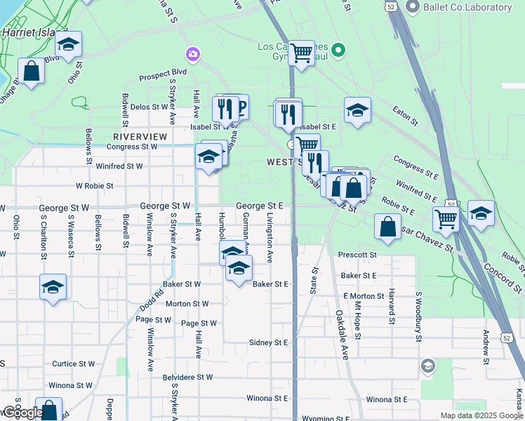 map of restaurants, bars, coffee shops, grocery stores, and more near 60 George Street East in Saint Paul