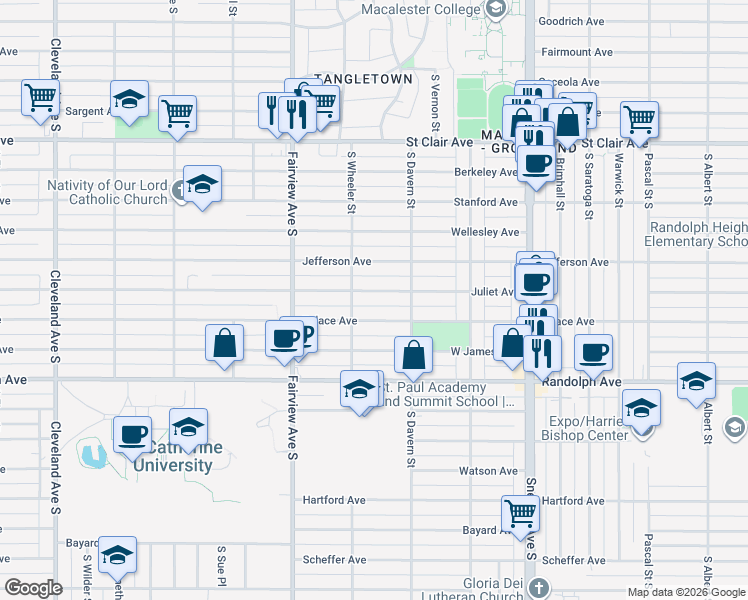 map of restaurants, bars, coffee shops, grocery stores, and more near 1744 Juliet Avenue in Saint Paul