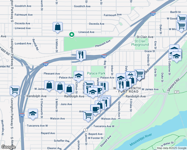 map of restaurants, bars, coffee shops, grocery stores, and more near 781 Palace Avenue in Saint Paul