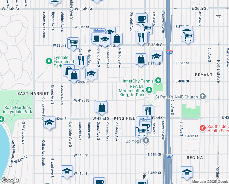 map of restaurants, bars, coffee shops, grocery stores, and more near 4030 Pillsbury Avenue in Minneapolis