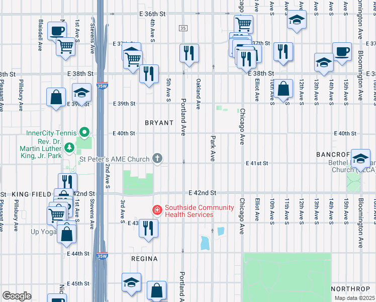 map of restaurants, bars, coffee shops, grocery stores, and more near 4033 Portland Avenue in Minneapolis