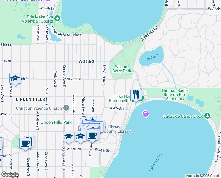 map of restaurants, bars, coffee shops, grocery stores, and more near 4026 Linden Hills Blvd in Minneapolis