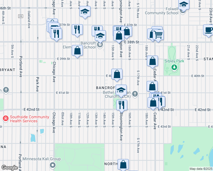map of restaurants, bars, coffee shops, grocery stores, and more near 4029a 14th Avenue South in Minneapolis