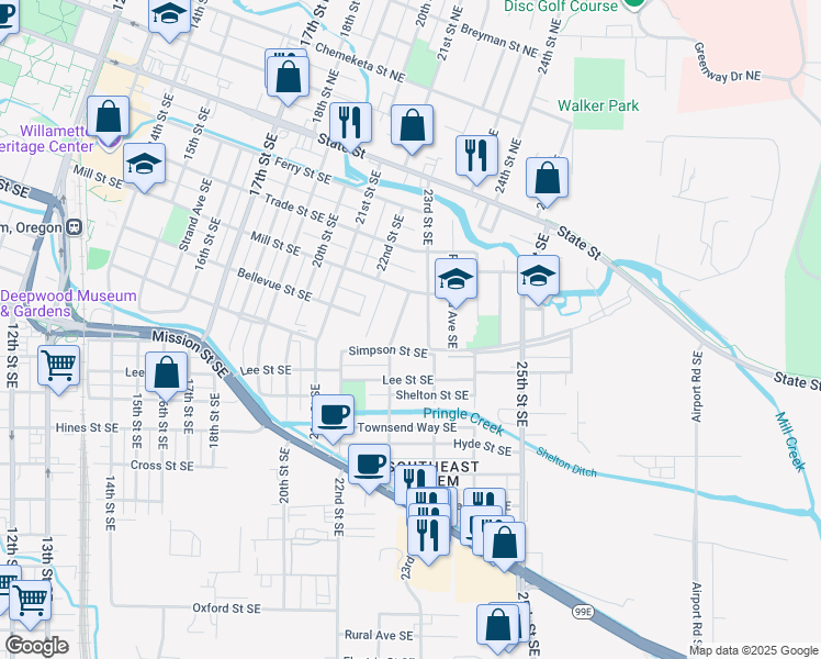 map of restaurants, bars, coffee shops, grocery stores, and more near 510 Ford Street Southeast in Salem