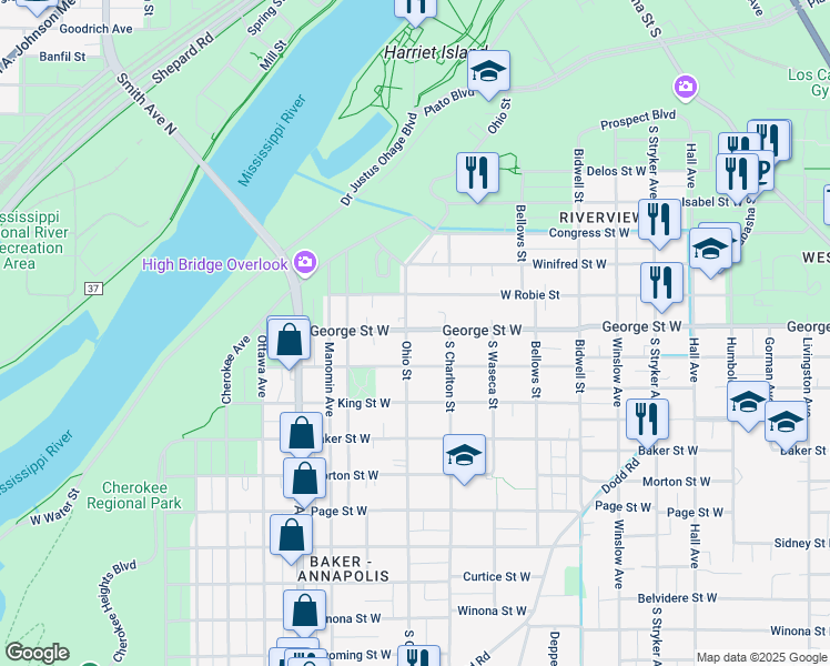 map of restaurants, bars, coffee shops, grocery stores, and more near 542 Ohio Street in Saint Paul