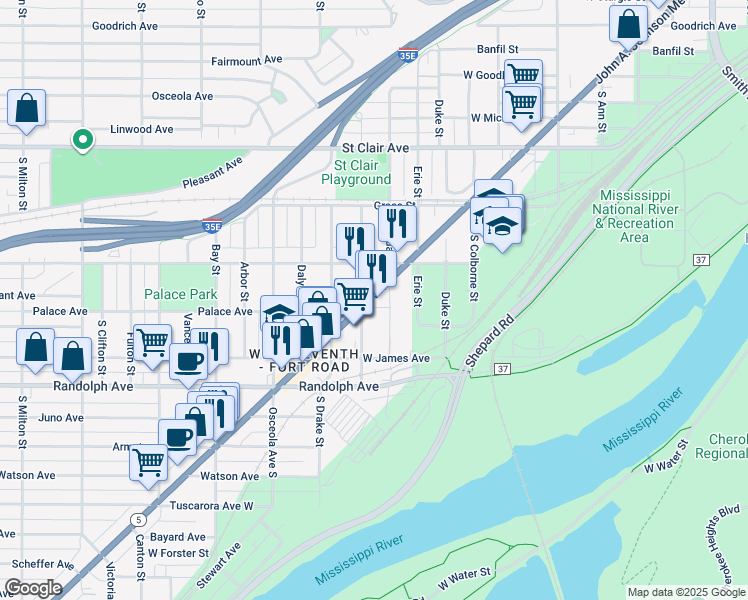 map of restaurants, bars, coffee shops, grocery stores, and more near 882 7th Street West in Saint Paul
