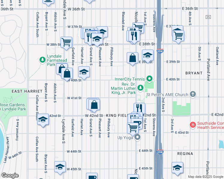 map of restaurants, bars, coffee shops, grocery stores, and more near 4030 Pillsbury Avenue in Minneapolis