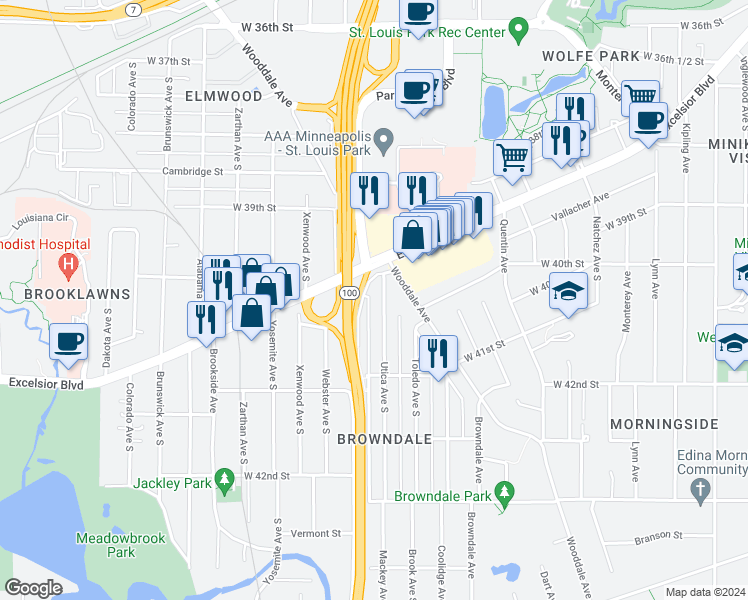 map of restaurants, bars, coffee shops, grocery stores, and more near 4021 Vernon Avenue South in St. Louis Park