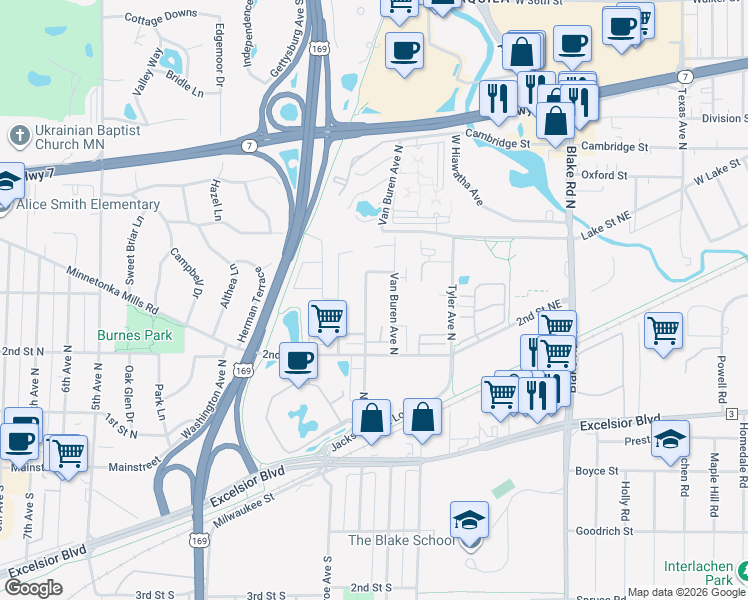 map of restaurants, bars, coffee shops, grocery stores, and more near 244 Jackson Avenue North in Hopkins