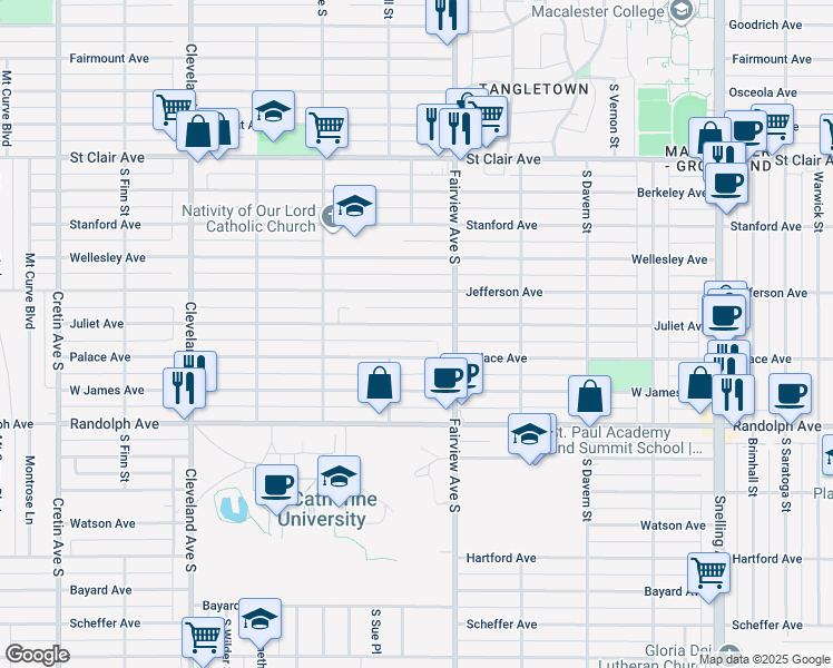 map of restaurants, bars, coffee shops, grocery stores, and more near 1852 Juliet Avenue in Saint Paul