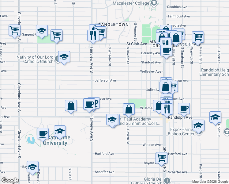 map of restaurants, bars, coffee shops, grocery stores, and more near 1744 Juliet Avenue in Saint Paul