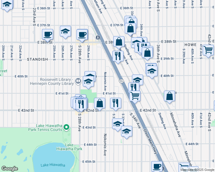 map of restaurants, bars, coffee shops, grocery stores, and more near 4031 Nokomis Avenue in Minneapolis