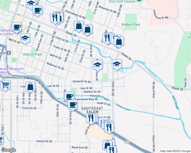 map of restaurants, bars, coffee shops, grocery stores, and more near 517 Richmond Avenue Southeast in Salem