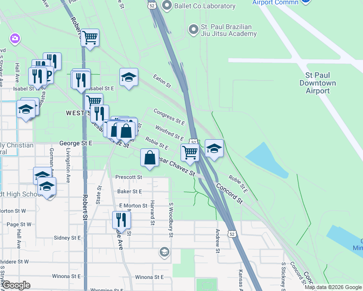 map of restaurants, bars, coffee shops, grocery stores, and more near 294 Bancroft Avenue in Saint Paul
