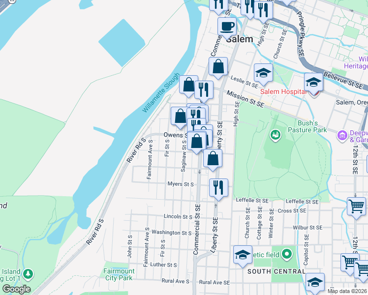 map of restaurants, bars, coffee shops, grocery stores, and more near 1165 Saginaw Street South in Salem