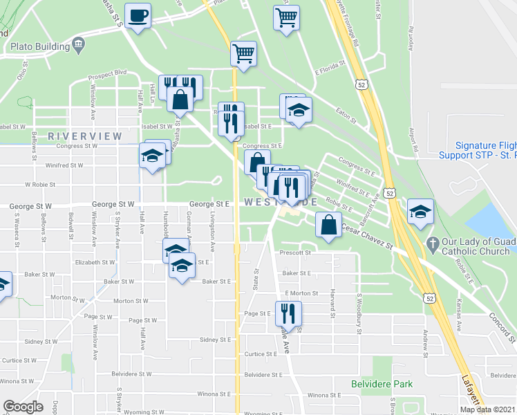map of restaurants, bars, coffee shops, grocery stores, and more near 140 George Street East in Saint Paul