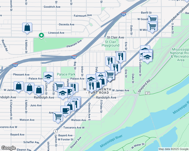map of restaurants, bars, coffee shops, grocery stores, and more near 389 Daly Street in Saint Paul