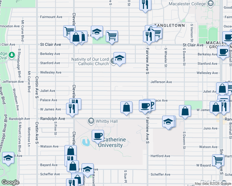 map of restaurants, bars, coffee shops, grocery stores, and more near 1924 Juliet Avenue in Saint Paul