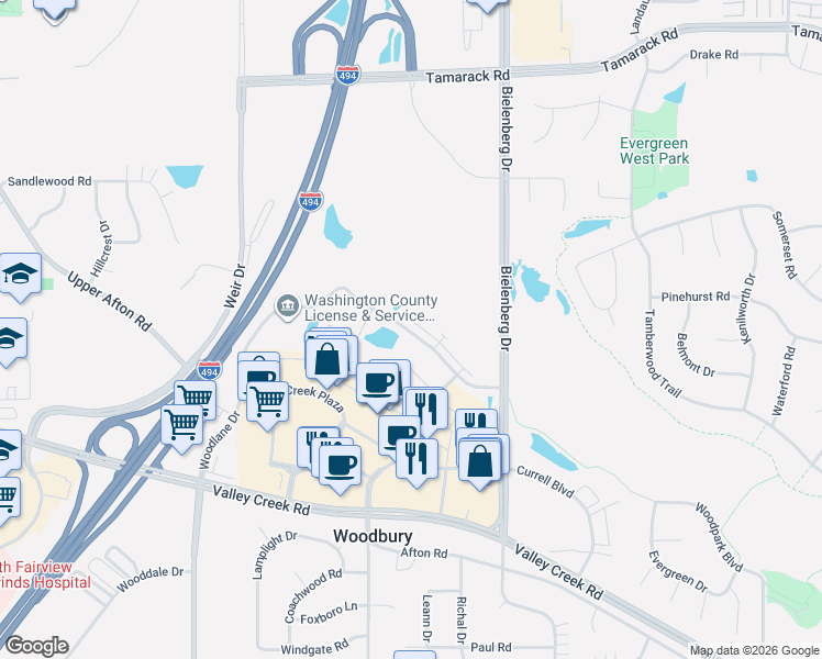 map of restaurants, bars, coffee shops, grocery stores, and more near 7260 Guider Drive in Woodbury