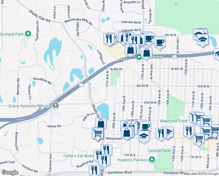 map of restaurants, bars, coffee shops, grocery stores, and more near 251 21st Avenue North in Hopkins