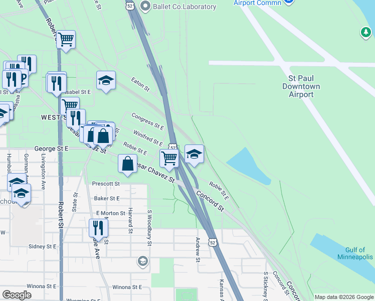 map of restaurants, bars, coffee shops, grocery stores, and more near 333 Winifred Street East in Saint Paul