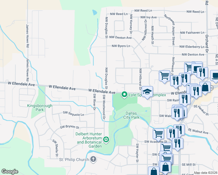 map of restaurants, bars, coffee shops, grocery stores, and more near 150 Northwest Douglas Street in Dallas