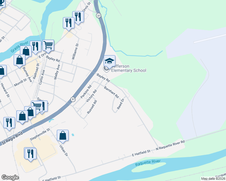 map of restaurants, bars, coffee shops, grocery stores, and more near 223-265 Barnhart Rd in Massena
