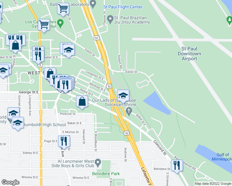 map of restaurants, bars, coffee shops, grocery stores, and more near 333 Winifred Street East in Saint Paul