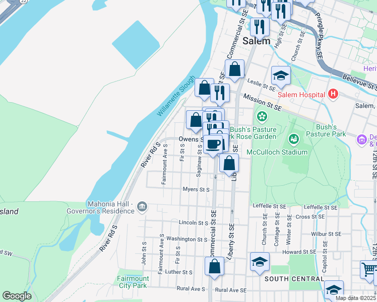 map of restaurants, bars, coffee shops, grocery stores, and more near 251-265 Miller Street South in Salem