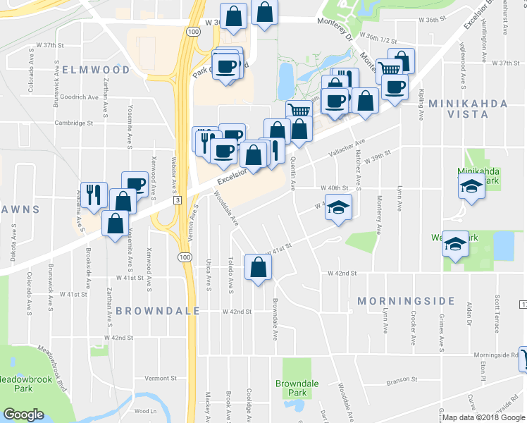 map of restaurants, bars, coffee shops, grocery stores, and more near 5013 West 40th Street in Minneapolis