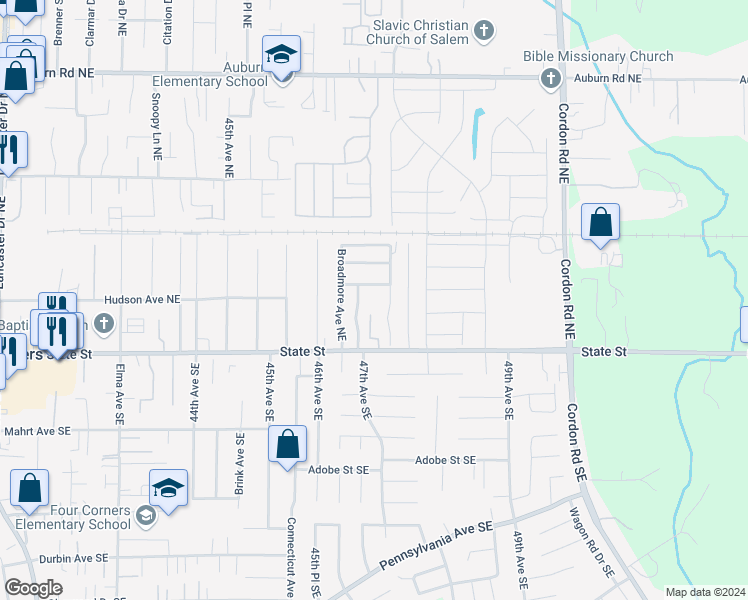 map of restaurants, bars, coffee shops, grocery stores, and more near 158 Bayview Way Northeast in Salem