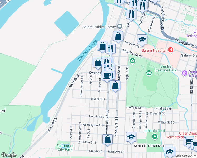 map of restaurants, bars, coffee shops, grocery stores, and more near 251-265 Miller Street South in Salem